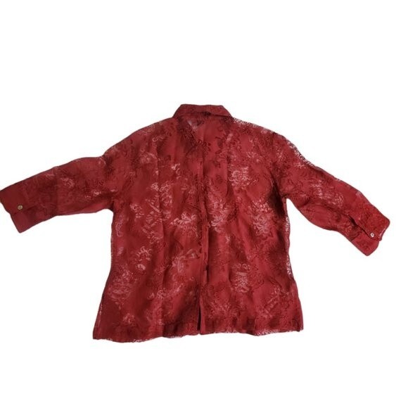 Mirasol Red Floral 3/4 Sleeve Semi-Sheer Button-Up Top Sz M - Picture 2 of 14